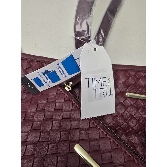 Time and Tru Women's 3-Piece 3 In 1 Handbag Set Burgundy New - Picture 3 of 5